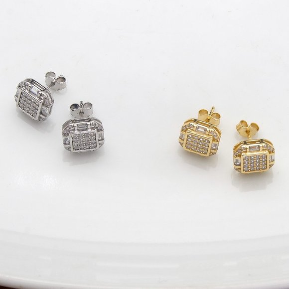 Gold CZ Stud Earrings, 14k Gold Plated 10mm Icy Bling Square CZ Studs - Picture 7 of 9